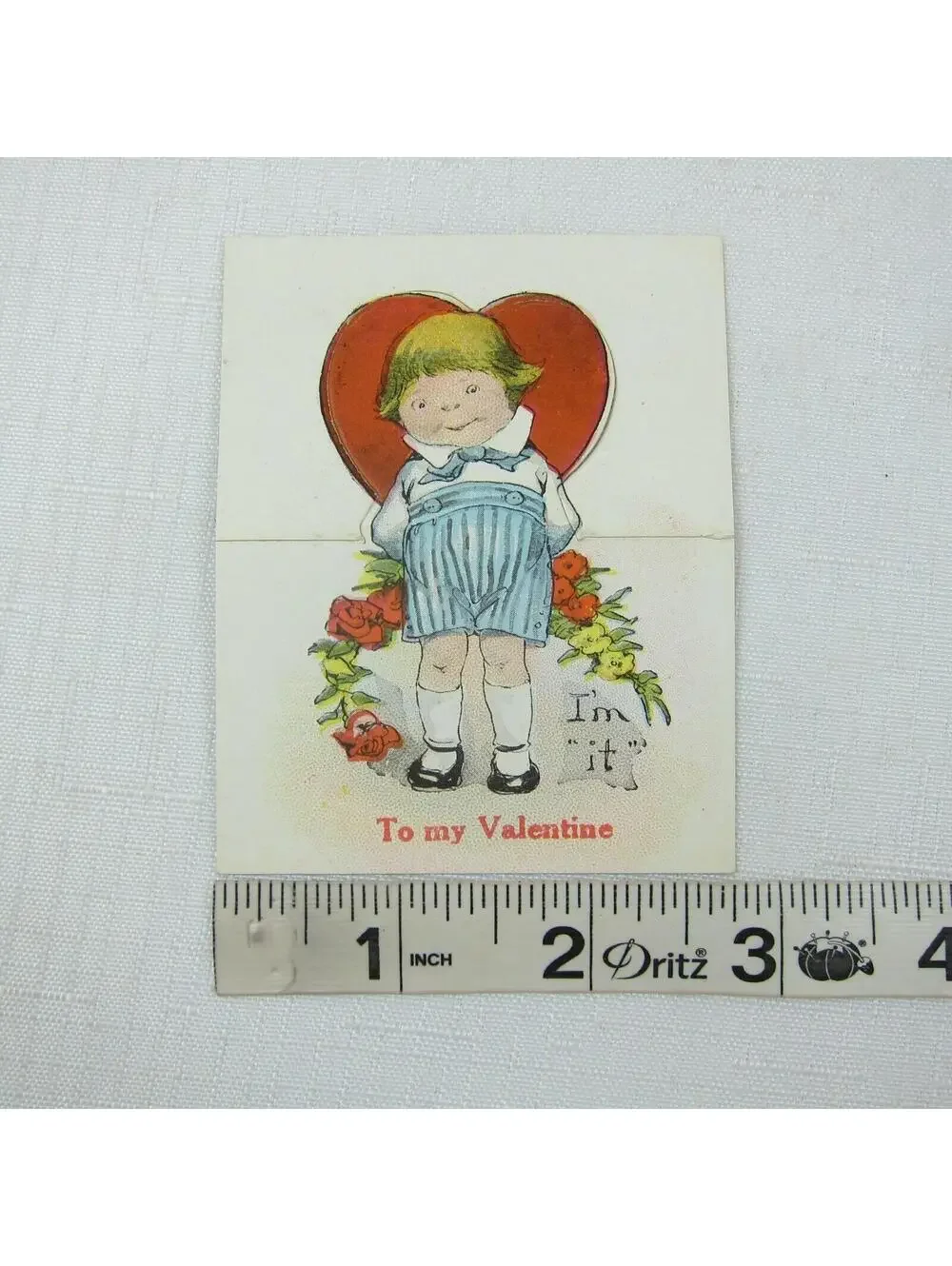 Vintage Valentine Cutout Card Stand Up Blonde Boy w/ Flowers 1920s-30s UNSIGNED
